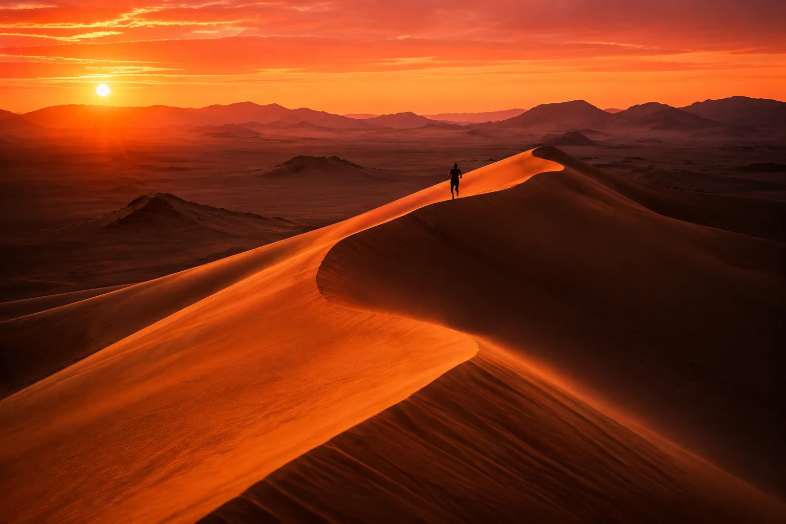 عدّاء على كثبان الصحراء في ضوء الغروب